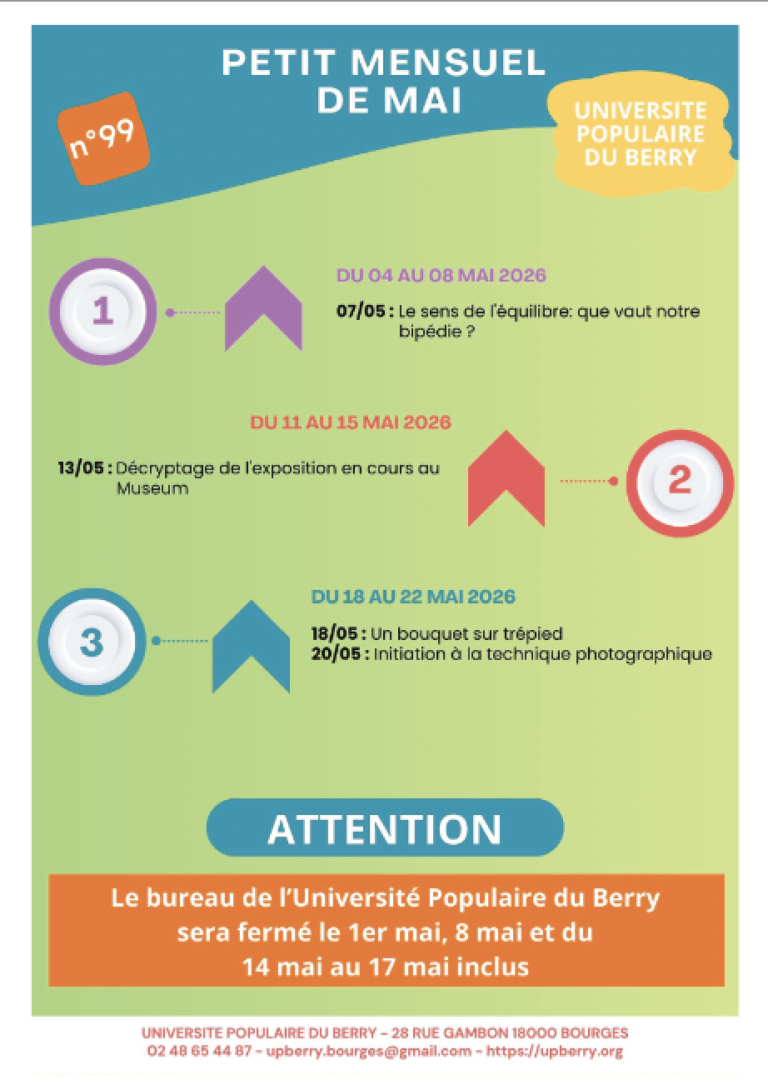 Programme de mai de l&rsquo;Université Populaire du Berry